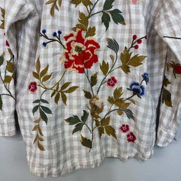 Johnny Was Workshop Adele Gingham Women's Overshirt Linen Embroidered Size Small - Picture 6 of 15
